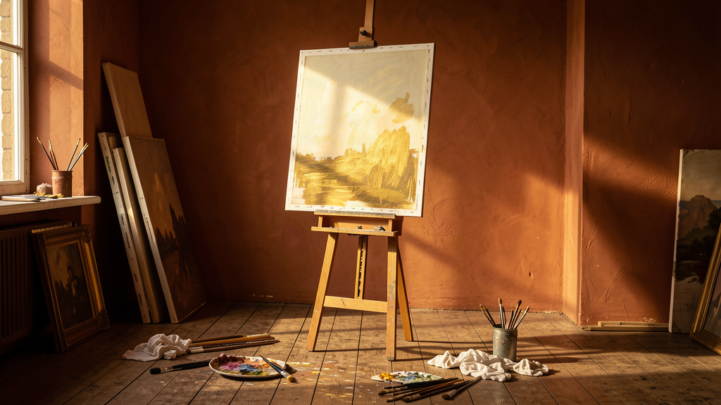 Artist at work in a studio with warm terracotta light, oil painting on a large canvas