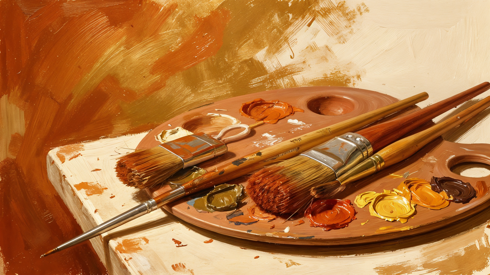 Large abstract canvas in a gallery with terracotta and ochre tones