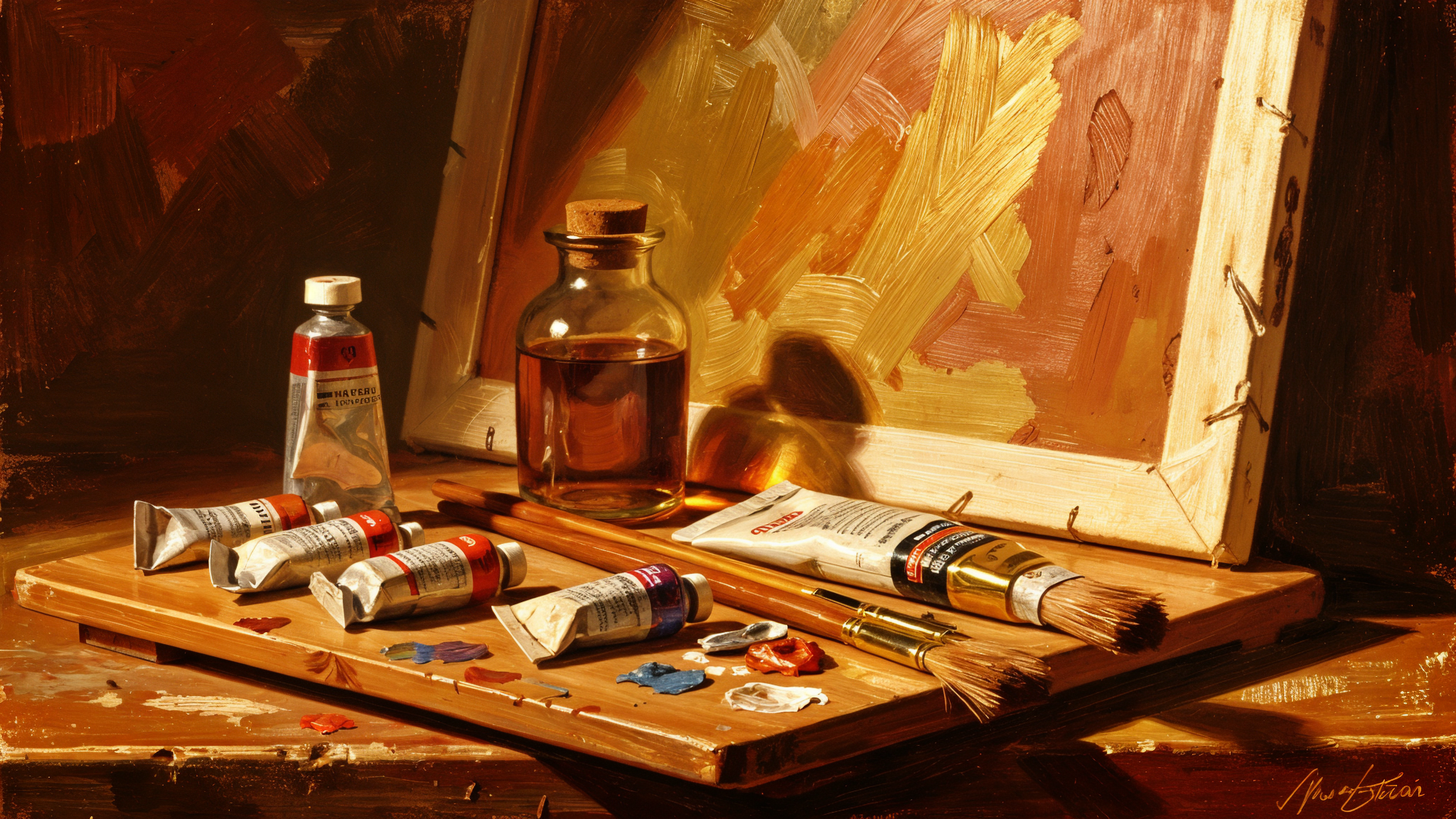 Vintage paintbrushes arranged on a wooden surface