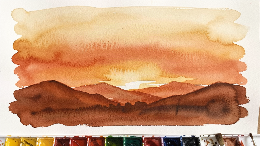 Watercolor sunset painting with warm terracotta and gold tones